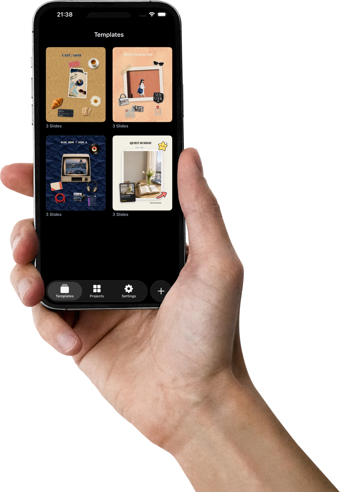 Glassy carousel templates shown on an iPhone held in hand