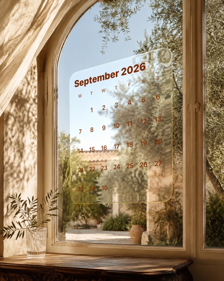A translucent calendar refracting the sunlit garden behind it.